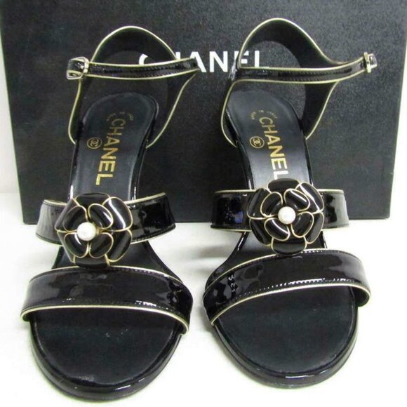New Chanel Womens US 7 Camellia CC Sandal Heels Black/Gold G3347 - Picture 3 of 6